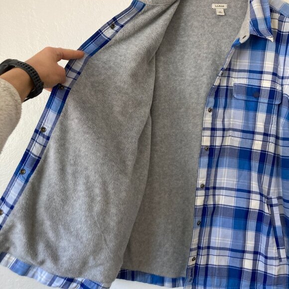 LL Bean Fleece Sherpa Lined Blue Flannel Long Sleeve Snap Front Chore Shirt 1X - Picture 9 of 12